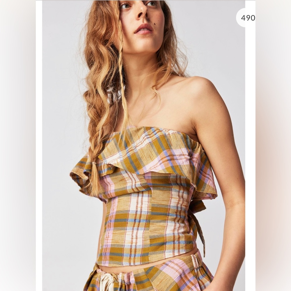 NEW Free People Whitley Plaid Strapless tie back crop top blouse women size S